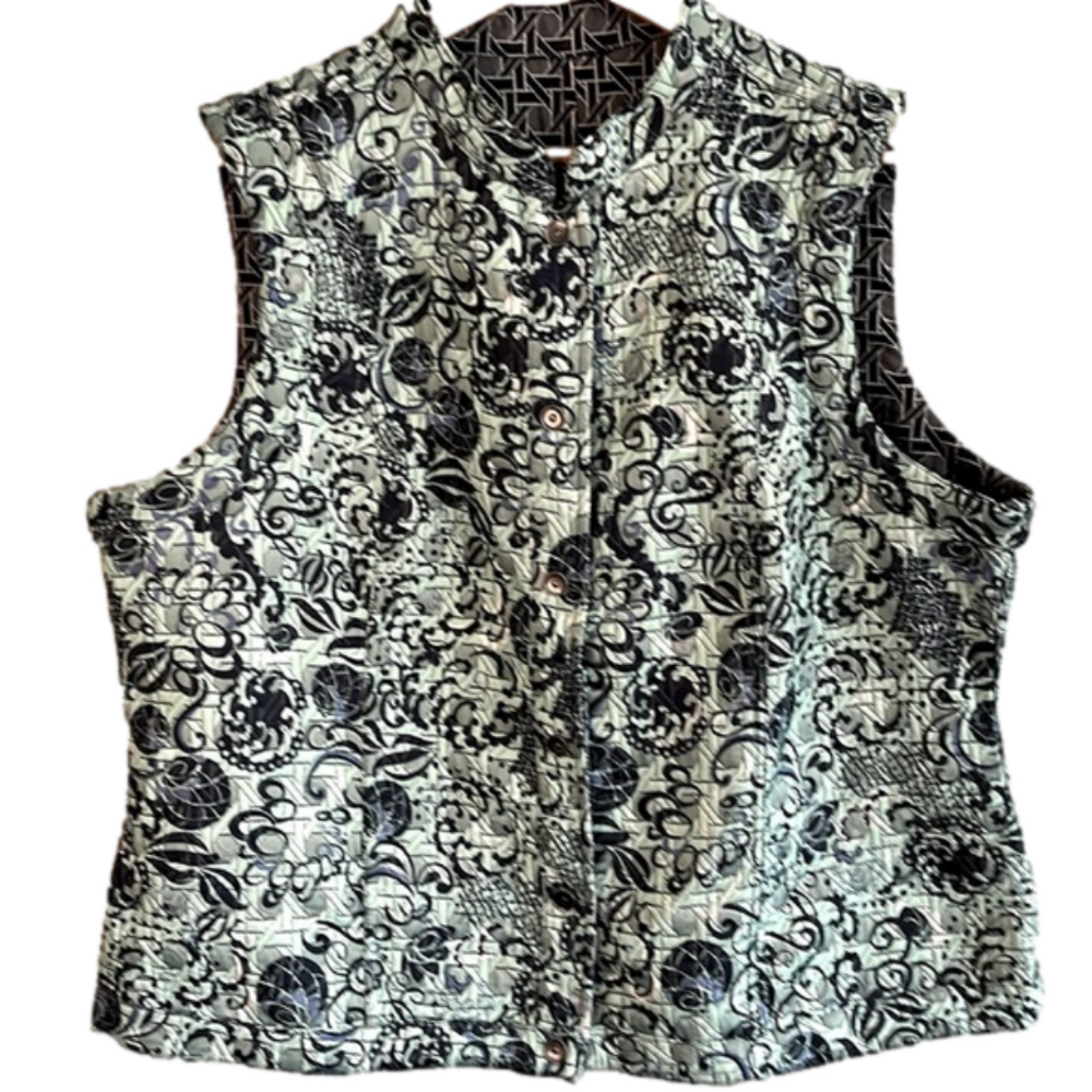 QUILTED Artisan Vest REVERSIBLE Floral Geometric Patterns Size XL Snaps - Picture 2 of 5